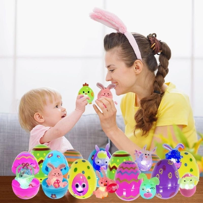 24 Pack Prefilled Easter Eggs with 3D Finger Lights Up Rings Toys Grow in the Dark Great for Kids Girls Boys Easter Basket Stuffers Eggs Fillers