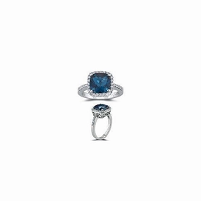 2.45 Cts Diamond & 8 mm AAA Cush Check London Blue Topaz Ring in 14KW