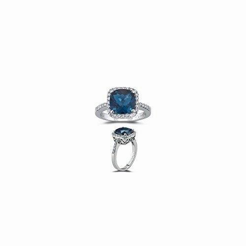 2.45 Cts Diamond & 8 mm AAA Cush Check London Blue Topaz Ring in 14KW
