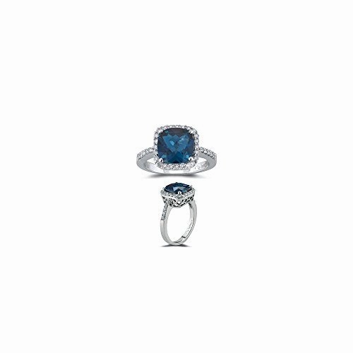 2.45 Cts Diamond & 8 mm AAA Cush Check London Blue Topaz Ring in 14KW