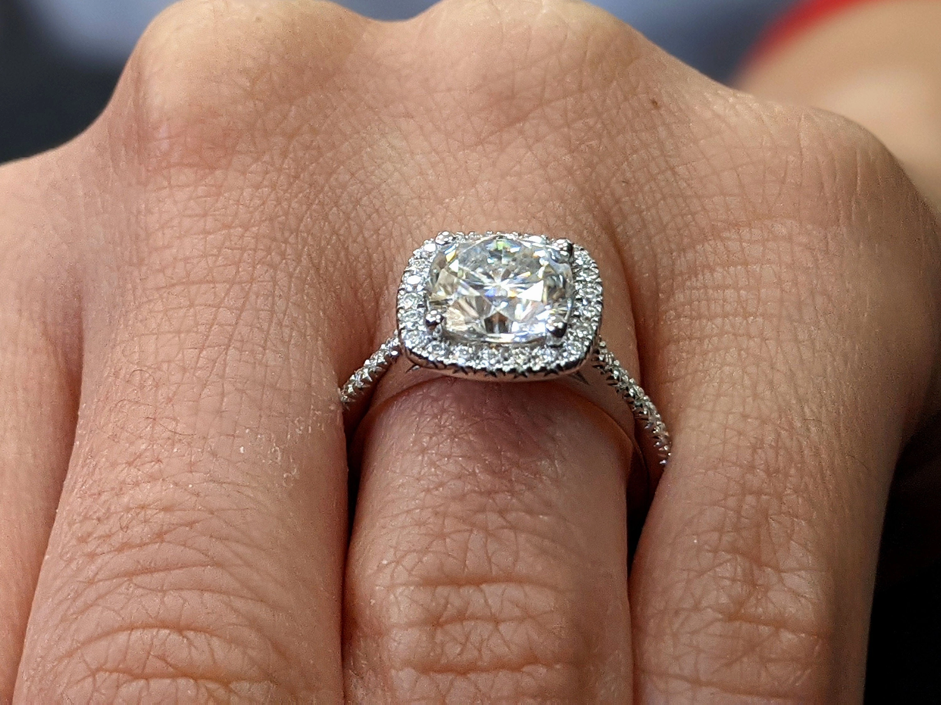 2.5 Carat Cushion Cut Halo Moissanite Engagement Ring 14k White Gold, Genuine ISRAEL Hallmark Wedding Ring Moissanite Halo