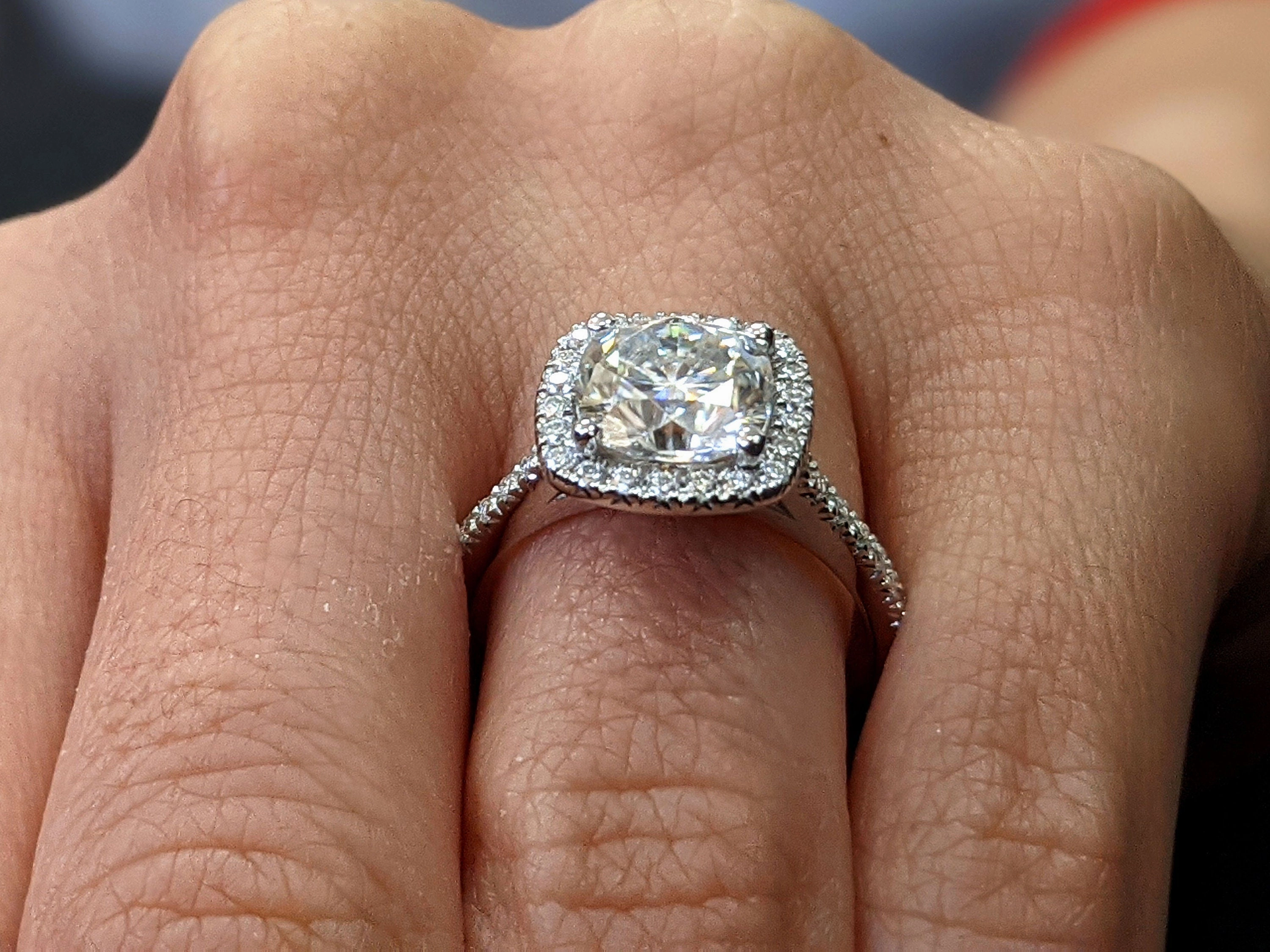 2.5 Carat Cushion Cut Halo Moissanite Engagement Ring 14k White Gold, Genuine ISRAEL Hallmark Wedding Ring Moissanite Halo
