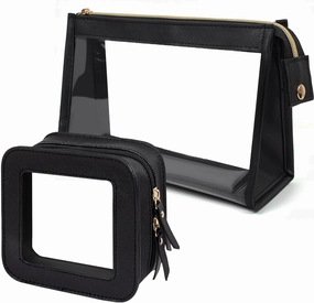 2 Pack Clear Makeup Bag Set Travel Cosmetic Case TSA Approved Toiletry Bag with Zipper Small Make Up Bags for Women Cute Waterproof Carry-on Travel Organizer Car Organizer Bag (Black)