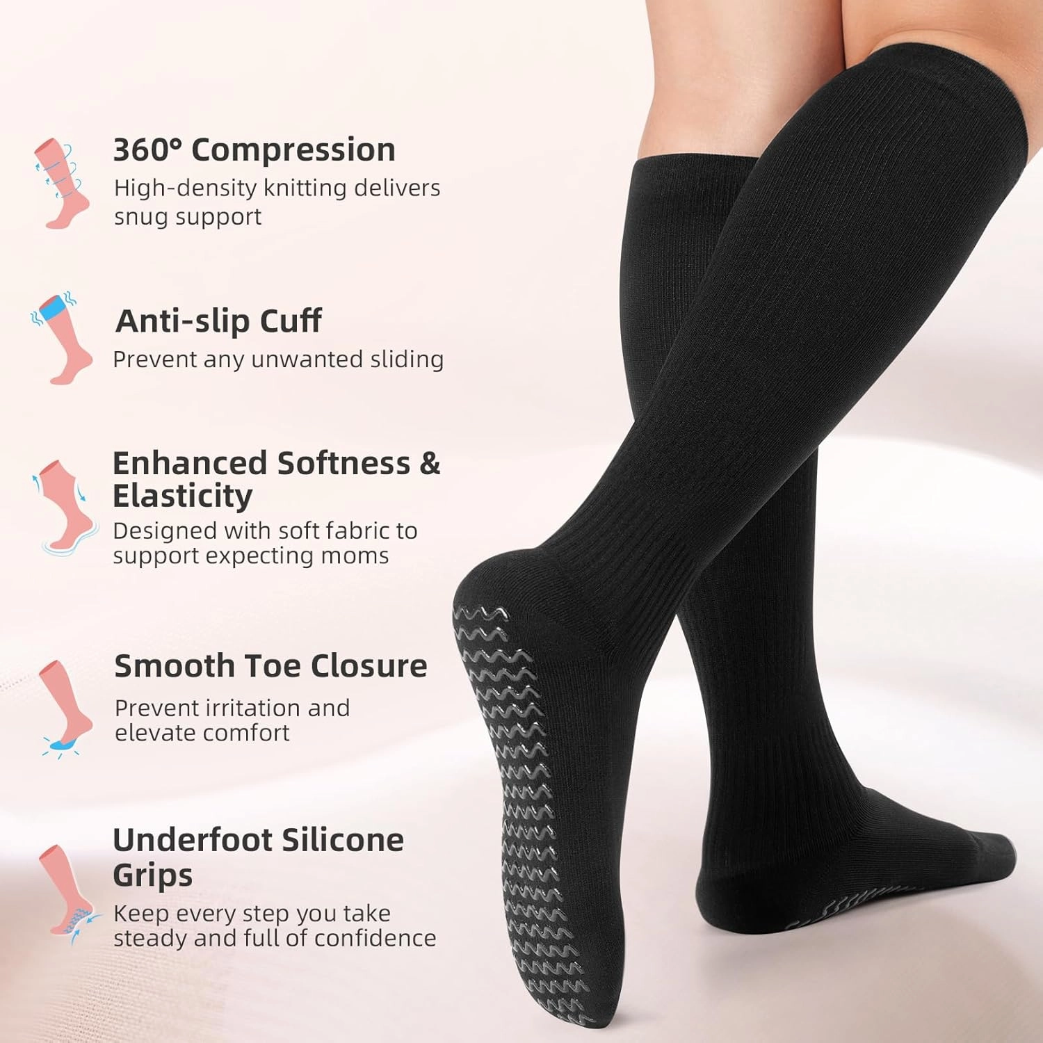 2 Pairs Compression Socks for Women, Compression Stockings Pregnancy for Leg Discomfort, Sitting, Anti-slip