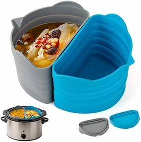 2 PCs 6-8 Quarts Silicone Crock Pot Divider Insert Oval, Reusable Slow Cooker Liners for Hamilton Beach, KitchenAid or any other Crockpot Liners, Dishwasher Safe, Leak Proof, Easy Clean (Grey Blue)