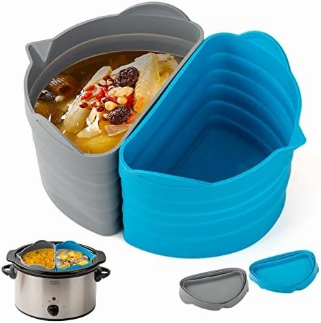 2 PCs 6-8 Quarts Silicone Crock Pot Divider Insert Oval, Reusable Slow Cooker Liners for Hamilton Beach, KitchenAid or any other Crockpot Liners, Dishwasher Safe, Leak Proof, Easy Clean (Grey Blue)