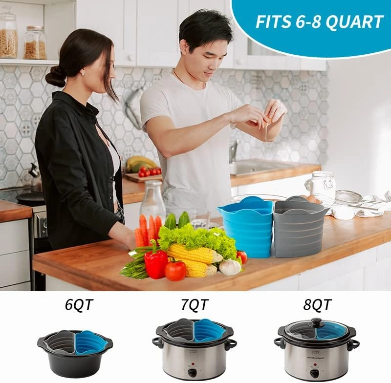 2 PCs 6-8 Quarts Silicone Crock Pot Divider Insert Oval, Reusable Slow Cooker Liners for Hamilton Beach, KitchenAid or any other Crockpot Liners, Dishwasher Safe, Leak Proof, Easy Clean (Grey Blue)
