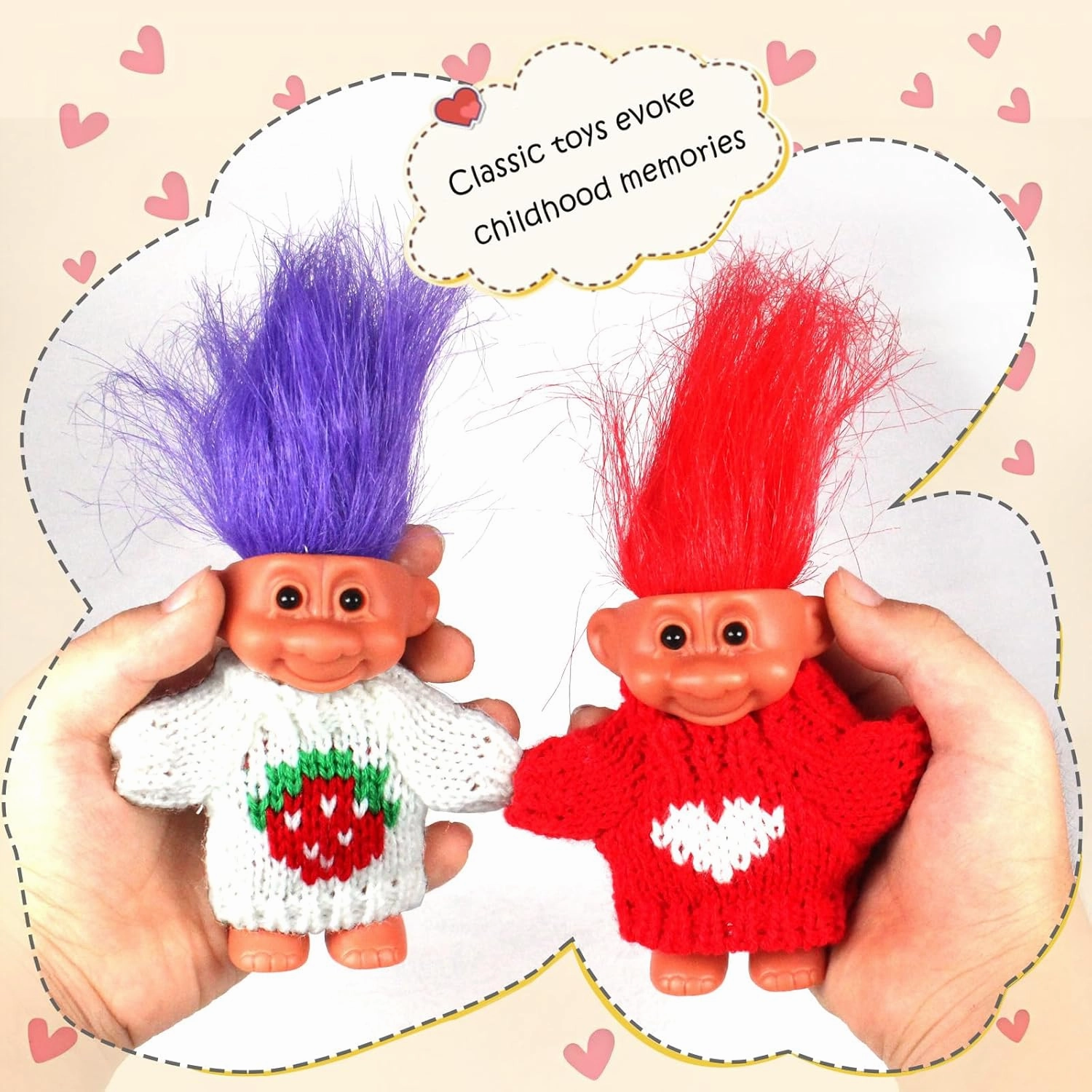 2 PCS Retro Lucky Troll Dolls in Hand-Knit Sweaters - Colorful, Adorable, Great for Collections, School Projects, Crafts & Party Favors (red&White)