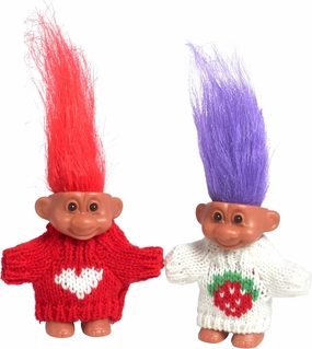 2 PCS Retro Lucky Troll Dolls in Hand-Knit Sweaters - Colorful, Adorable, Great for Collections, School Projects, Crafts & Party Favors (red&White)