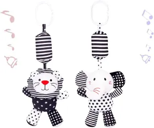 2Pcs Hanging Rattle Toys for Babies, Hanging Baby Toy, Car Seats Stroller Toys with Wind Chime for Newborn 0-36 Months, Clip Hanging Plush Squeeze Toys, Best Birthday Gift for Newborn