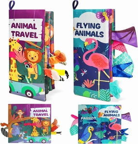 2Pcs Baby Books 0-6 Months, Crinkle Toys, Infant Toys 0-3 Months for Boy/Girl Shower Gift, Newborn Tummy Time Sensory Montessori High Contrast Early Educational Cloth Book for Touch Feel Fly Animal