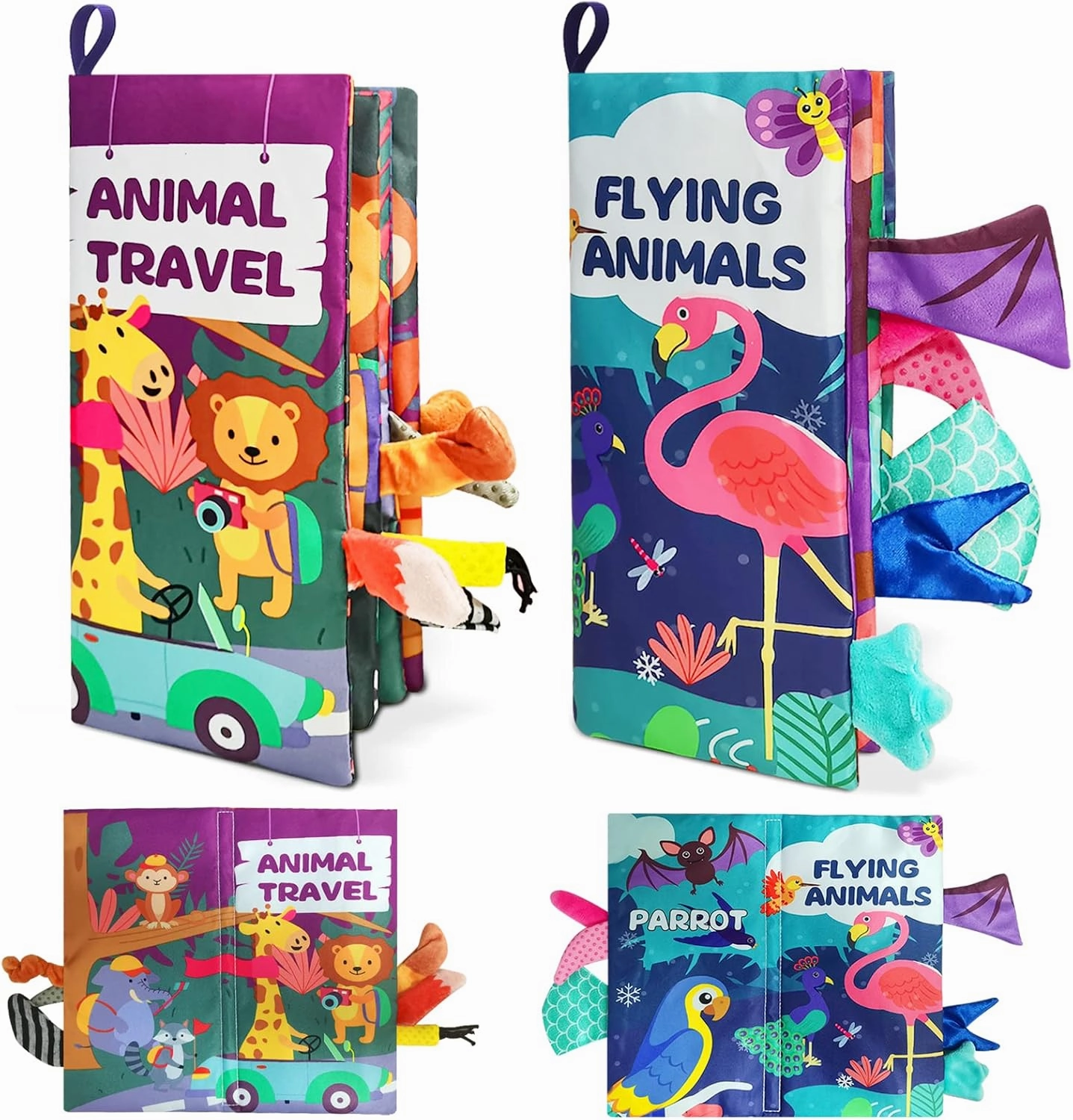 2Pcs Baby Books 0-6 Months, Crinkle Toys, Infant Toys 0-3 Months for Boy/Girl Shower Gift, Newborn Tummy Time Sensory Montessori High Contrast Early Educational Cloth Book for Touch Feel Fly Animal