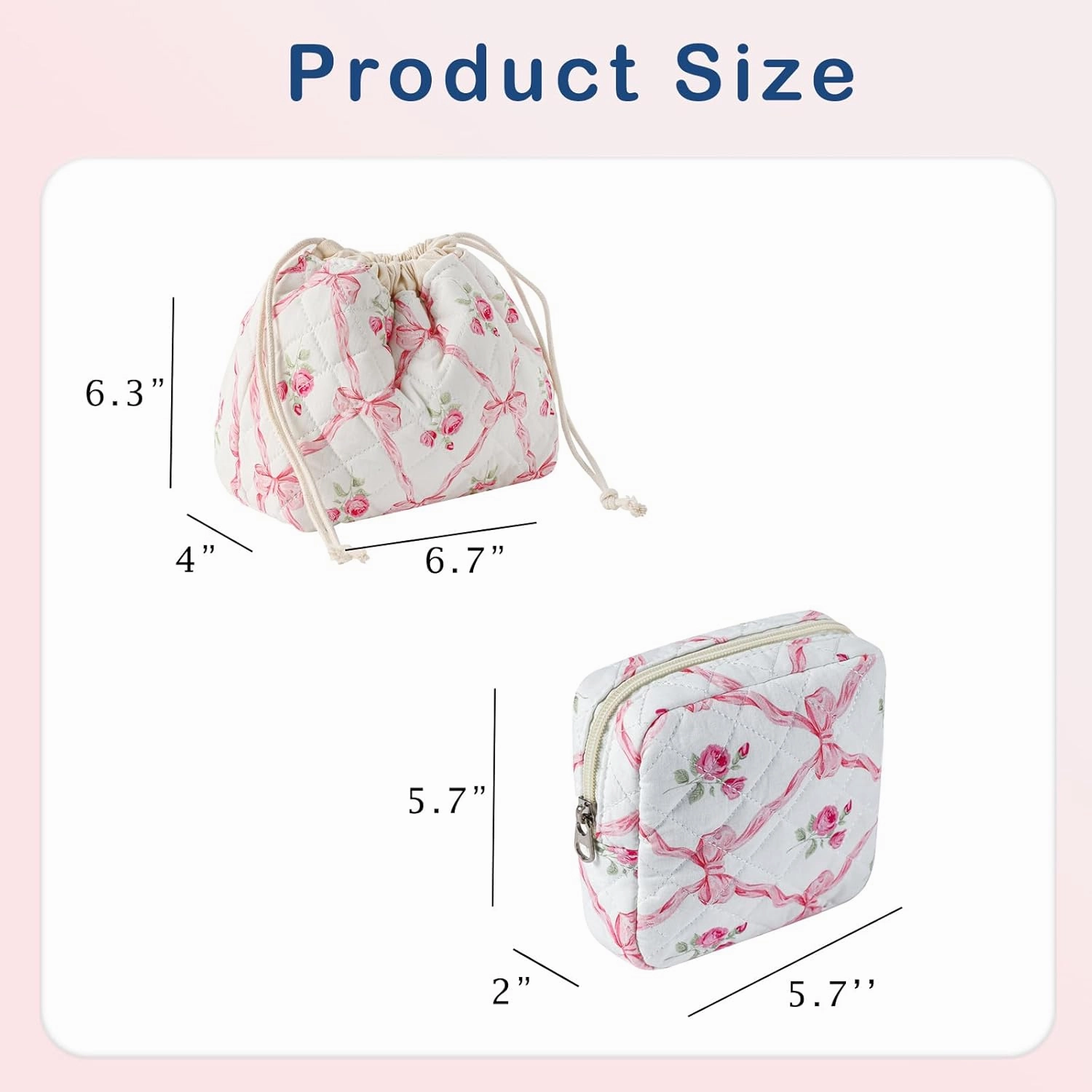 2Pcs Small Cotton Quilted Makeup Bag Set, Cute Coquette Drawstring Cosmetic Bag with Canvas Lining, Aesthetic Travel Organized Toiletry Bags for Purse (03Pink Bows)
