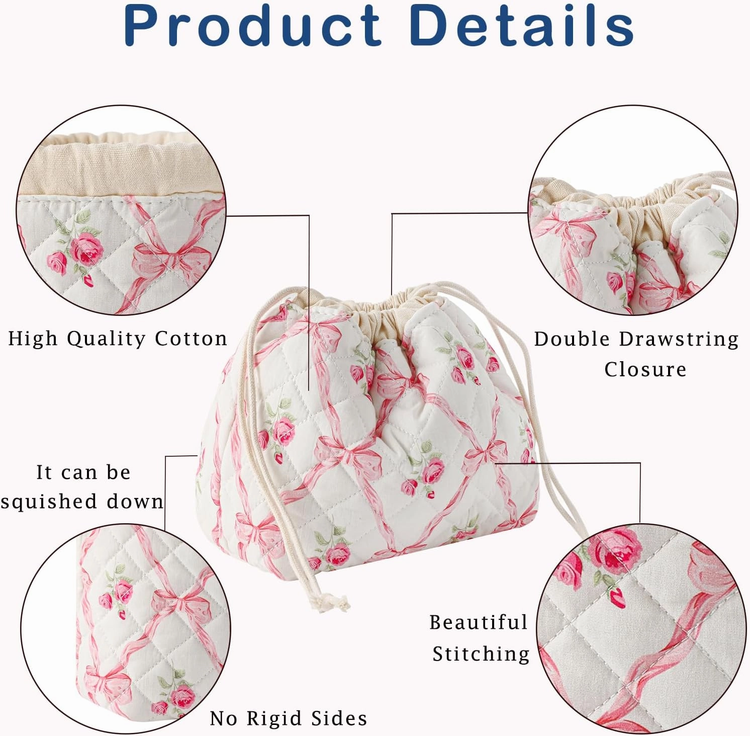 2Pcs Small Cotton Quilted Makeup Bag Set, Cute Coquette Drawstring Cosmetic Bag with Canvas Lining, Aesthetic Travel Organized Toiletry Bags for Purse (03Pink Bows)