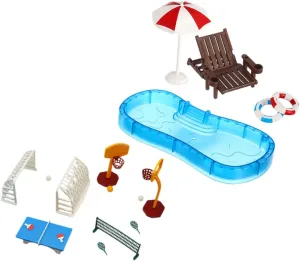2Set Miniature Dollhouse Pool Accessory Kit with Inflatable Rings Beach Chairs and Sports Equipment for DIY Fairy Garden and Cake Toppers
