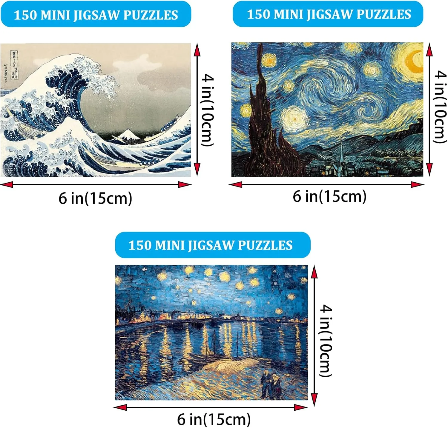 3 Pack Small Jigsaw Puzzles for Adults Challenging Puzzle Mini Jigsaw Puzzles for Adults 150 Pieces Starry Night Rhone River Sea Wave Puzzles 6 x 4 Inches