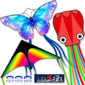 3 Piece Set Butterfly Delta Octopus Kites for Kids and Adults，Easy to Fly for Outdoor Adults Children Line Kite for Kids Toy (Gradient Grassland Rainbow Octopus Red Blue Dreamy Butterfly, 3)