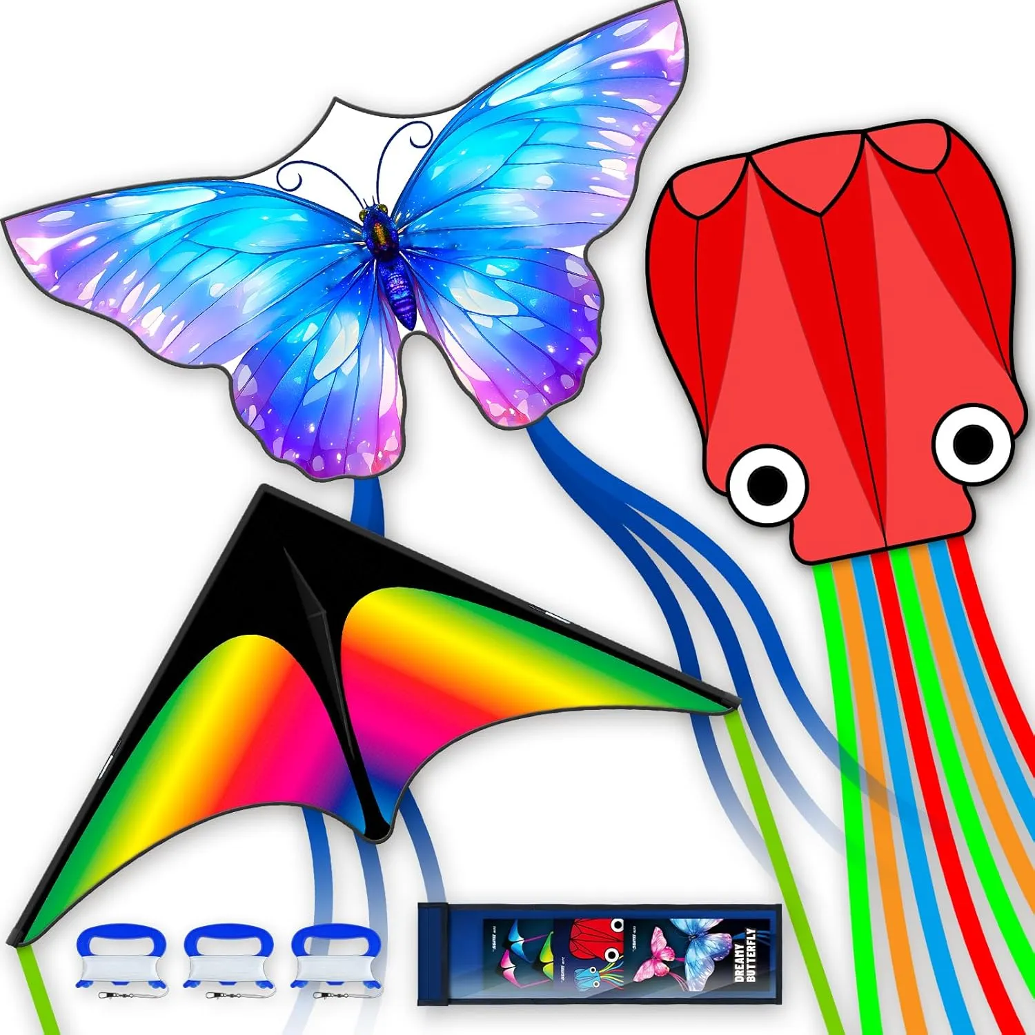 3 Piece Set Butterfly Delta Octopus Kites for Kids and Adults，Easy to Fly for Outdoor Adults Children Line Kite for Kids Toy (Gradient Grassland Rainbow Octopus Red Blue Dreamy Butterfly, 3)