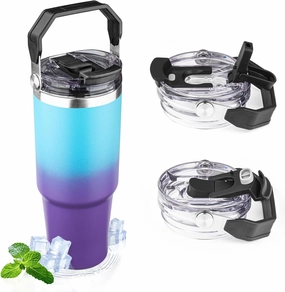30oz Tumbler with Handle and Flip Straw Lid Double Wall Insulated Travel Coffee Mug Stainless Steel Vacuum Insulated Coffee Tumbler Cup for Hot and Cold Beverages,Leak-proof&BPA-free（30oz,Blue Purple）