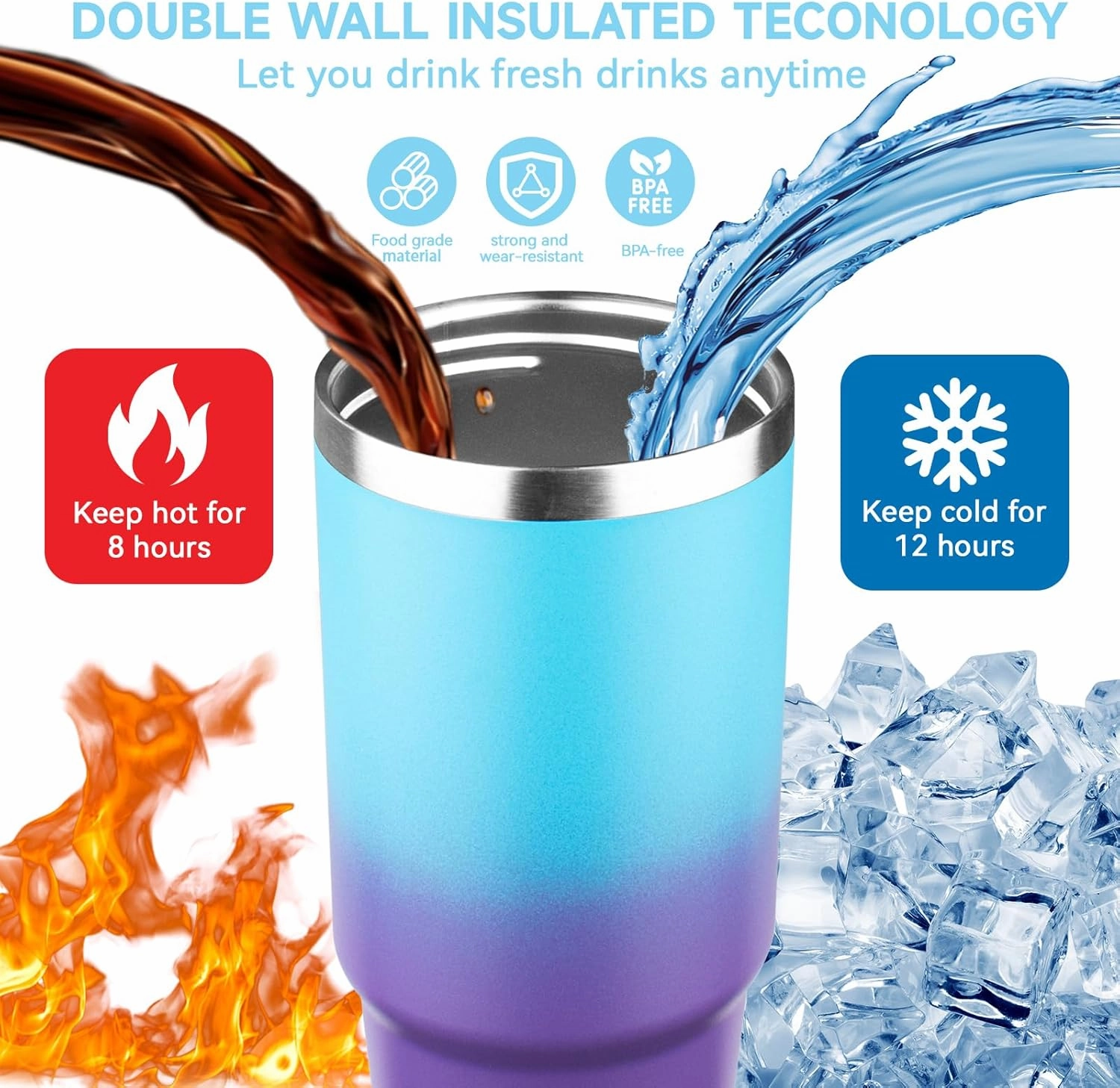 30oz Tumbler with Handle and Flip Straw Lid Double Wall Insulated Travel Coffee Mug Stainless Steel Vacuum Insulated Coffee Tumbler Cup for Hot and Cold Beverages,Leak-proof&BPA-free（30oz,Blue Purple）