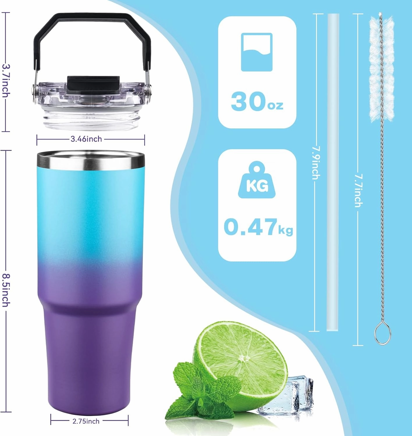 30oz Tumbler with Handle and Flip Straw Lid Double Wall Insulated Travel Coffee Mug Stainless Steel Vacuum Insulated Coffee Tumbler Cup for Hot and Cold Beverages,Leak-proof&BPA-free（30oz,Blue Purple）