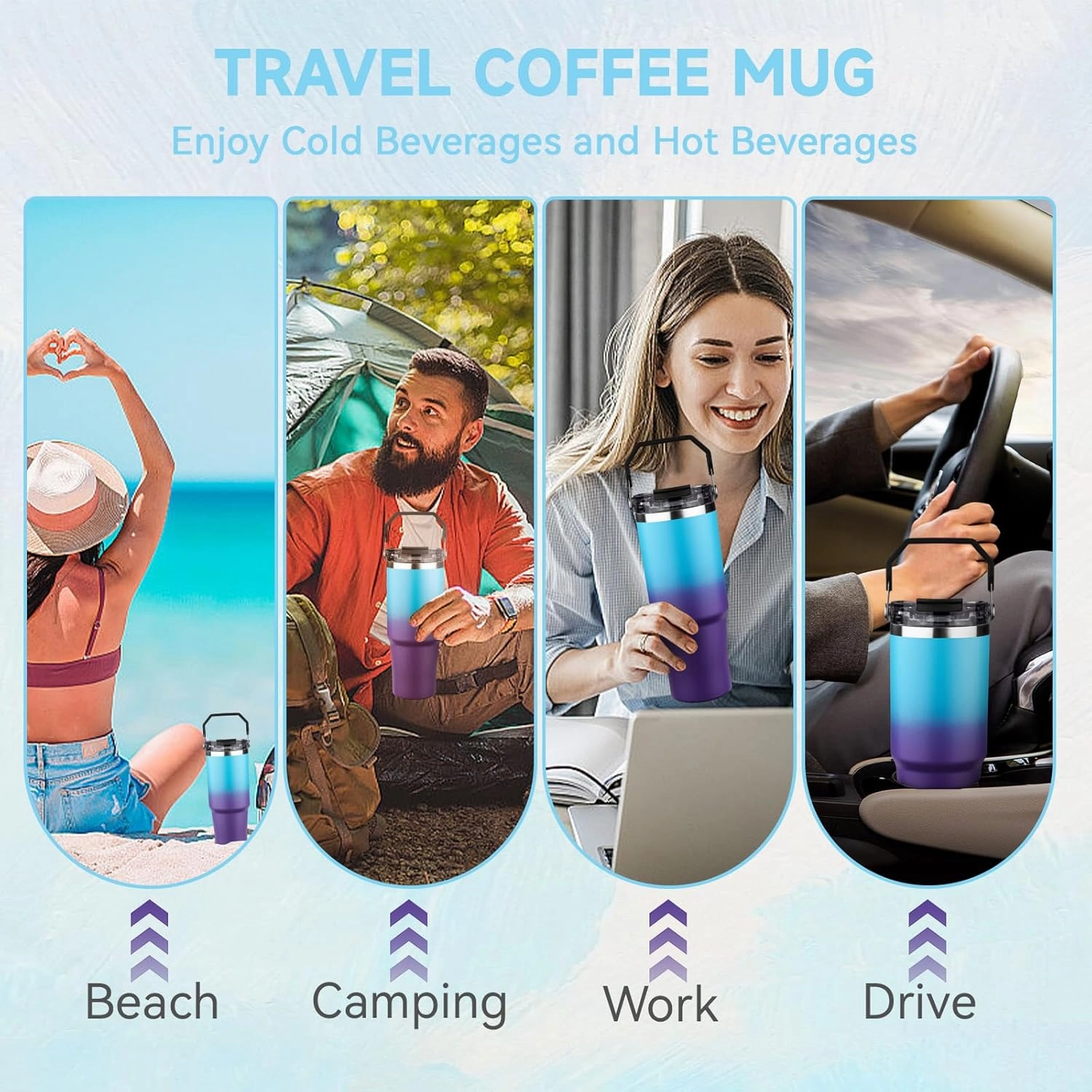 30oz Tumbler with Handle and Flip Straw Lid Double Wall Insulated Travel Coffee Mug Stainless Steel Vacuum Insulated Coffee Tumbler Cup for Hot and Cold Beverages,Leak-proof&BPA-free（30oz,Blue Purple）