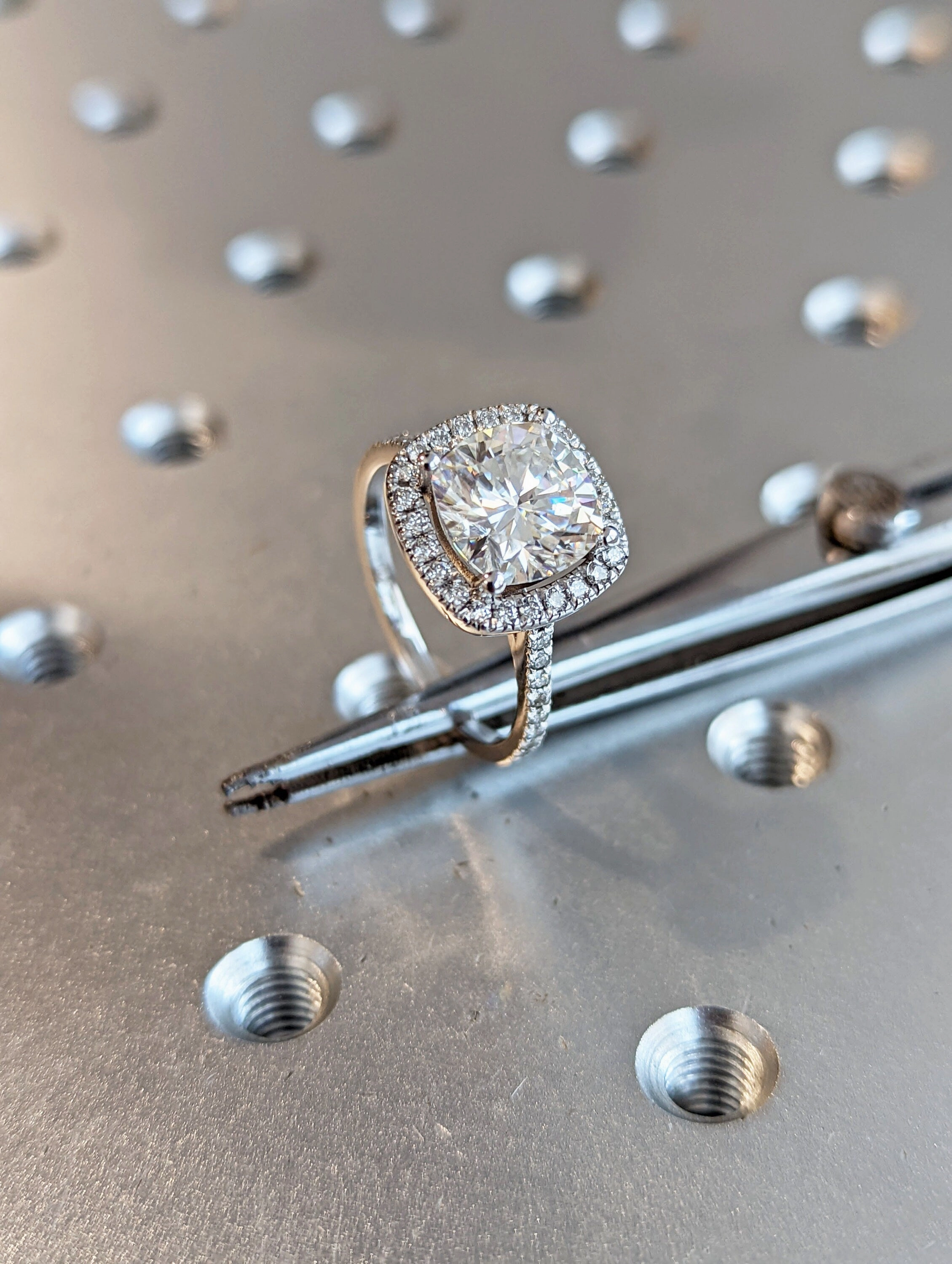 3 Carat Cushion Cut Engagement Ring Halo Solid 14k White Gold Lab Created Man Made Synthetic Simulated Moissanite and Diamonds Ring Bridal