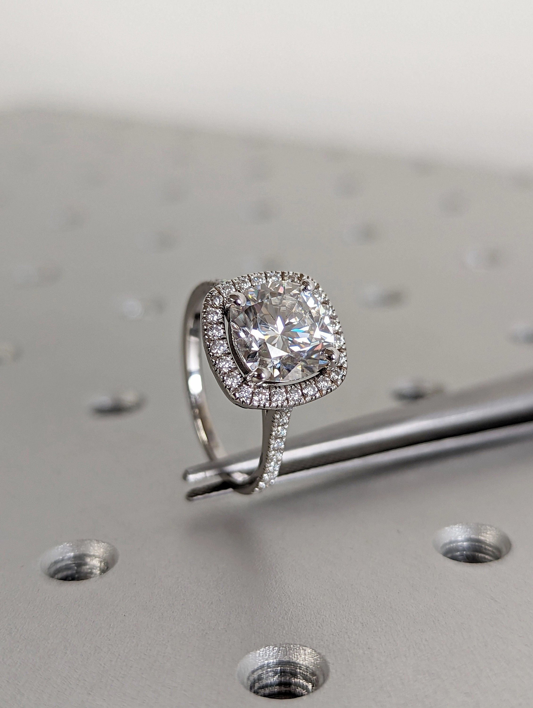3 Carat Cushion Cut Halo Moissanite Engagement Ring 14k White Gold, Genuine ISRAEL Hallmark Wedding Ring Moissanite Halo