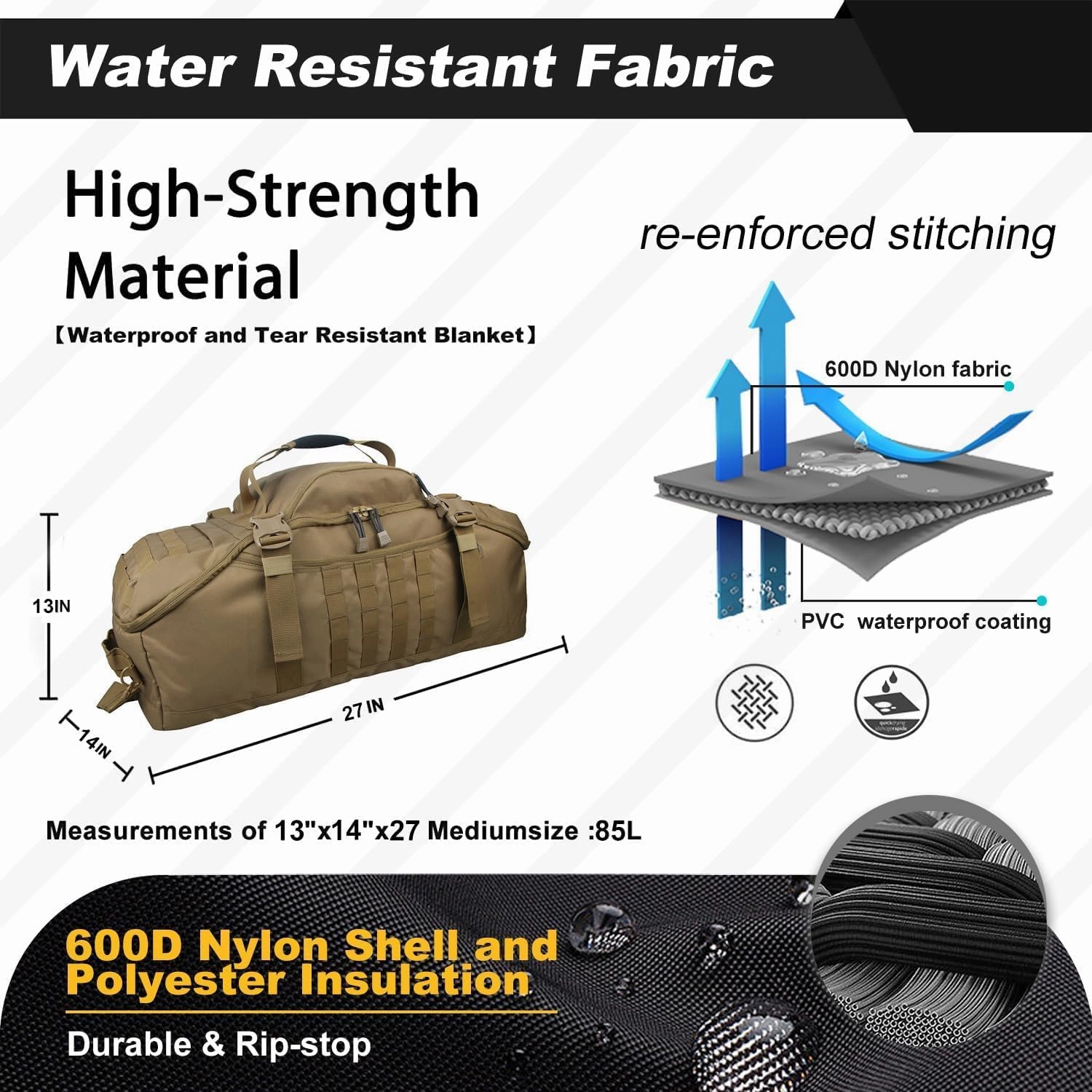 3 In 1 Tactical 85L Military Backpack Travel Duffle Bag for Weekender Gym Workout Deployment