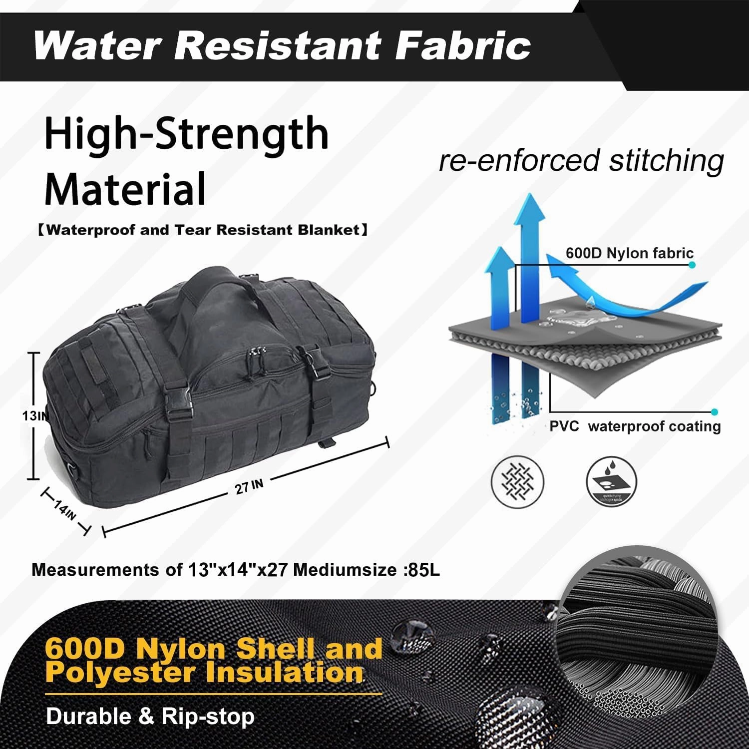 3 In 1 Tactical 85L Military Backpack Travel Duffle Bag for Weekender Gym Workout Deployment