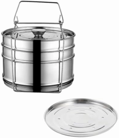 3 Tier Stackable Stainless Steel Insert Pans with Cooking Chip Portable Steamer Cooker with Basket Stand for 6QT Instant Pot Accessories Pot-in-Pot Cookware for Kitchen