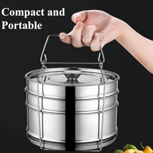 3 Tier Stackable Stainless Steel Insert Pans with Cooking Chip Portable Steamer Cooker with Basket Stand for 6QT Instant Pot Accessories Pot-in-Pot Cookware for Kitchen