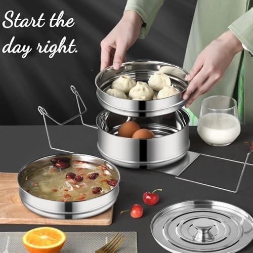 3 Tier Stackable Stainless Steel Insert Pans with Cooking Chip Portable Steamer Cooker with Basket Stand for 6QT Instant Pot Accessories Pot-in-Pot Cookware for Kitchen