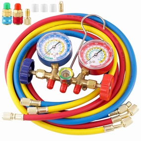 3 Way AC Manifold Gauge Set, 5FT Diagnostic Manifold Freon Gauge Set with High and Low R134A Quick Couple Adapter, Refrigerant Tank Adapter for R410A R134A R22 R12 HVAC System