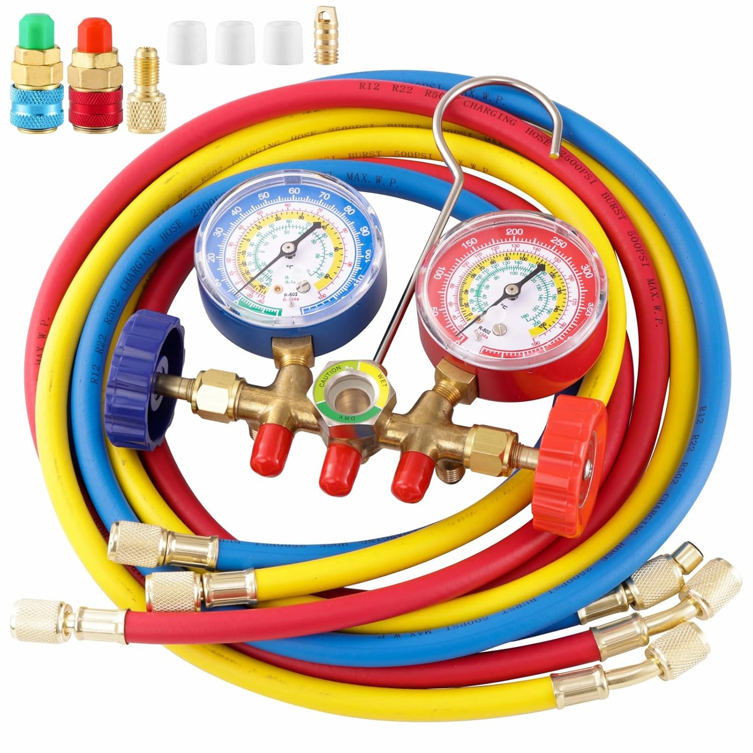 3 Way AC Manifold Gauge Set, 5FT Diagnostic Manifold Freon Gauge Set with High and Low R134A Quick Couple Adapter, Refrigerant Tank Adapter for R410A R134A R22 R12 HVAC System