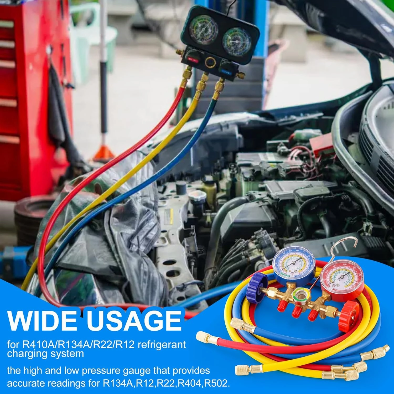 3 Way AC Manifold Gauge Set, 5FT Diagnostic Manifold Freon Gauge Set with High and Low R134A Quick Couple Adapter, Refrigerant Tank Adapter for R410A R134A R22 R12 HVAC System