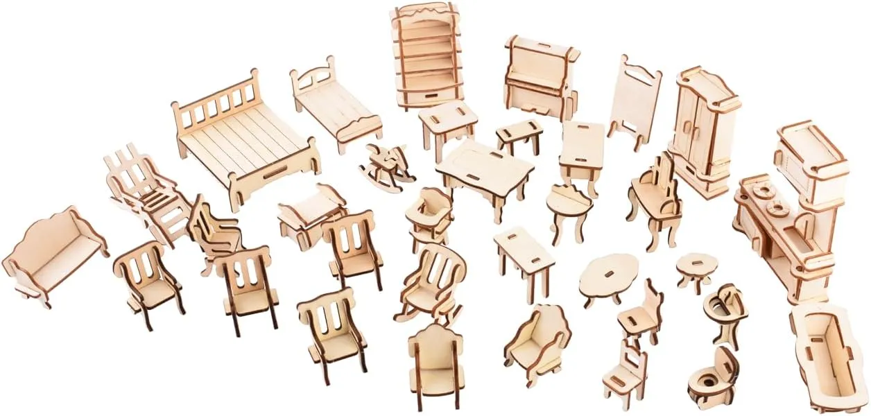 3D Wooden Puzzle Mini Furnitures Set, 3D DIY Puzzle 34PCS Mini House Furnitures Set and Room Accessories,185PCS Wooden Kit Puzzle Gifts