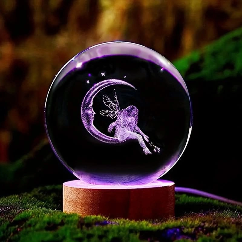 3D Moon & Fairy Crystal Ball Night Light – Multicolor USB Powered Night Lamp