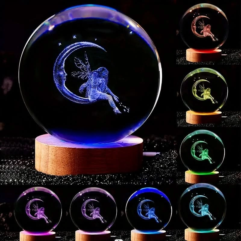 3D Moon & Fairy Crystal Ball Night Light – Multicolor USB Powered Night Lamp