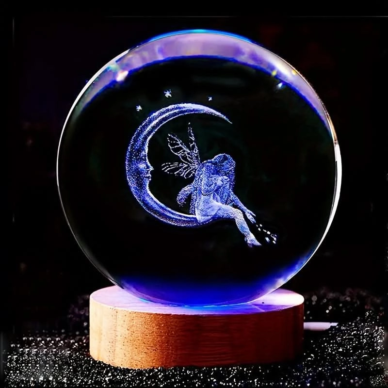 3D Moon & Fairy Crystal Ball Night Light – Multicolor USB Powered Night Lamp
