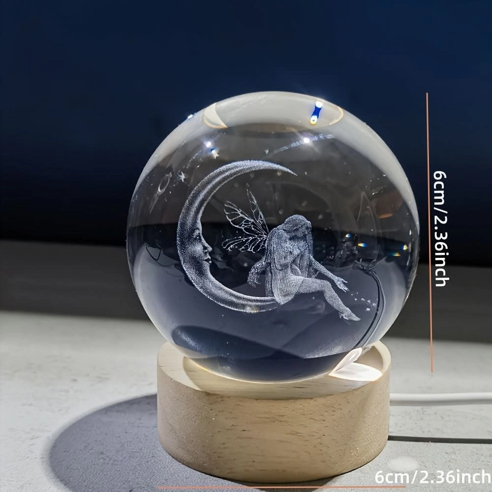 3D Moon & Fairy Crystal Ball Night Light – Multicolor USB Powered Night Lamp