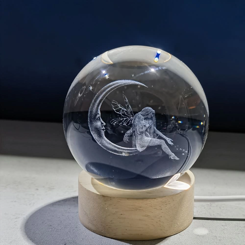 3D Moon & Fairy Crystal Ball Night Light – Multicolor USB Powered Night Lamp
