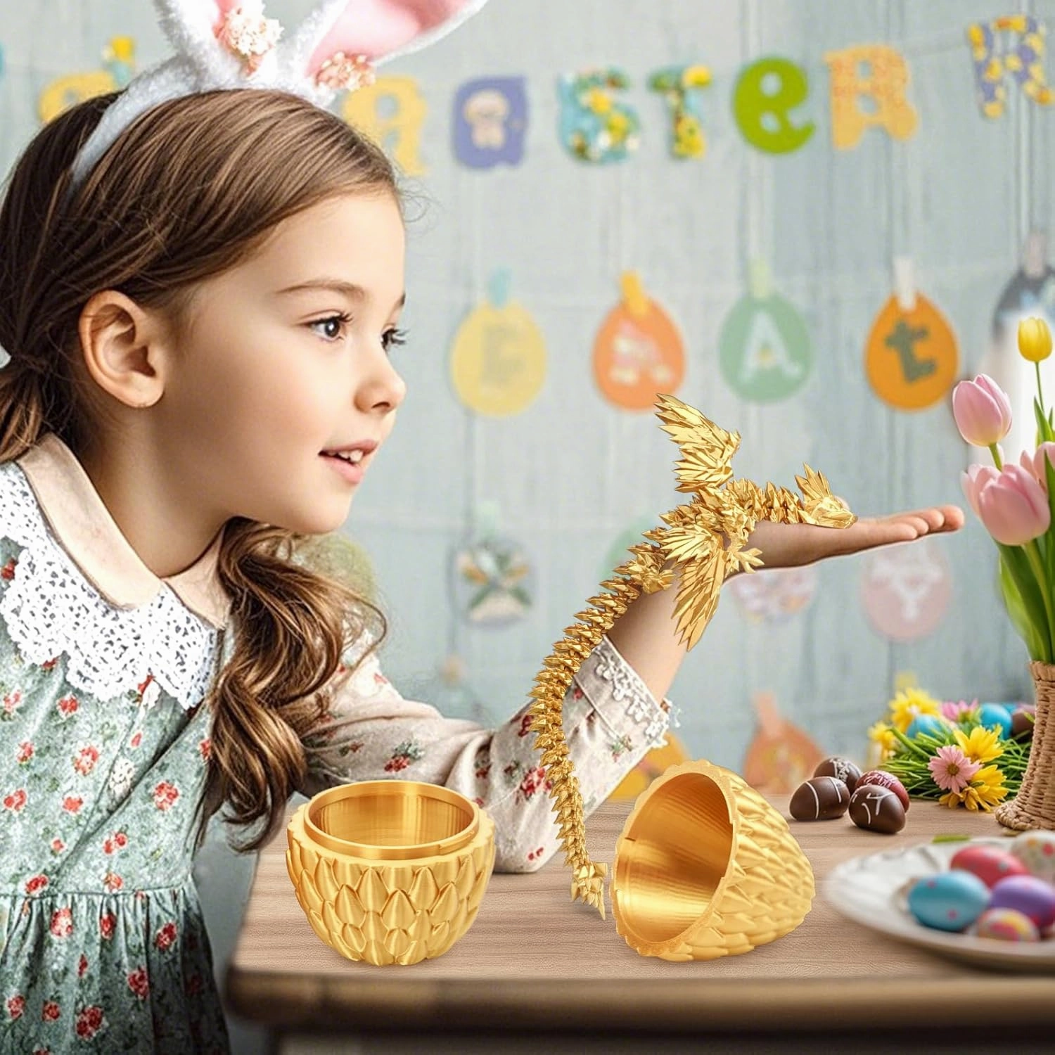 3D Printed Dragon Eggs with Articulated Fly Dragon Inside, Collectible Figurines Fidget Toy for Adults Kids Birthday Easter Christmas White Elephant Gifts for Friends Colleagues(Gold, M size)