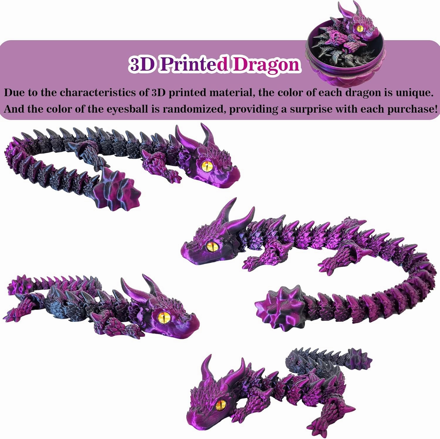 3D Printed Dragon Eggs with Dragon Inside, Large Articulated Dragon Toys with Eyes, Animal Fidget Toy Easter Surprise Eggs Home Decor Executive Desk Toy, Easter Gift for Kids (Purple Black)
