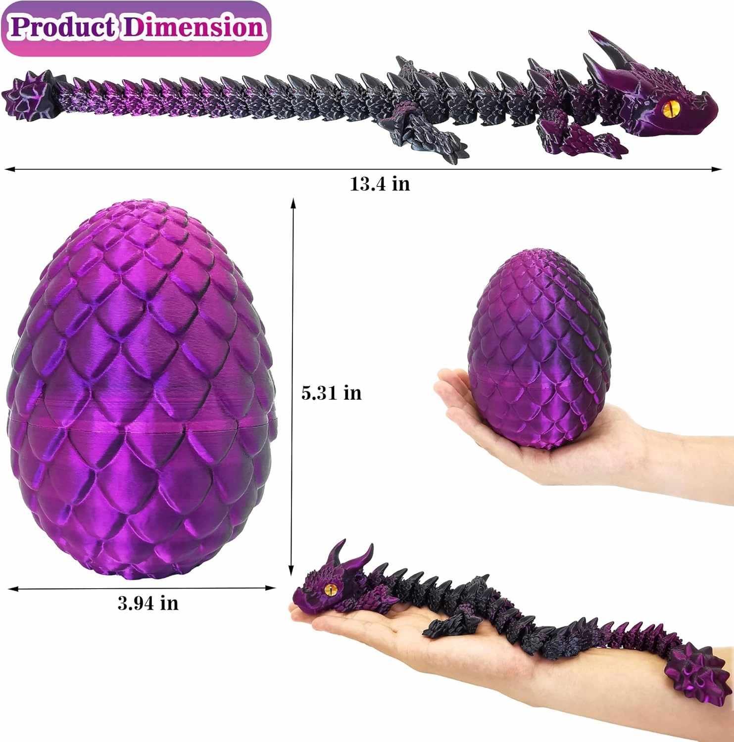 3D Printed Dragon Eggs with Dragon Inside, Large Articulated Dragon Toys with Eyes, Animal Fidget Toy Easter Surprise Eggs Home Decor Executive Desk Toy, Easter Gift for Kids (Purple Black)