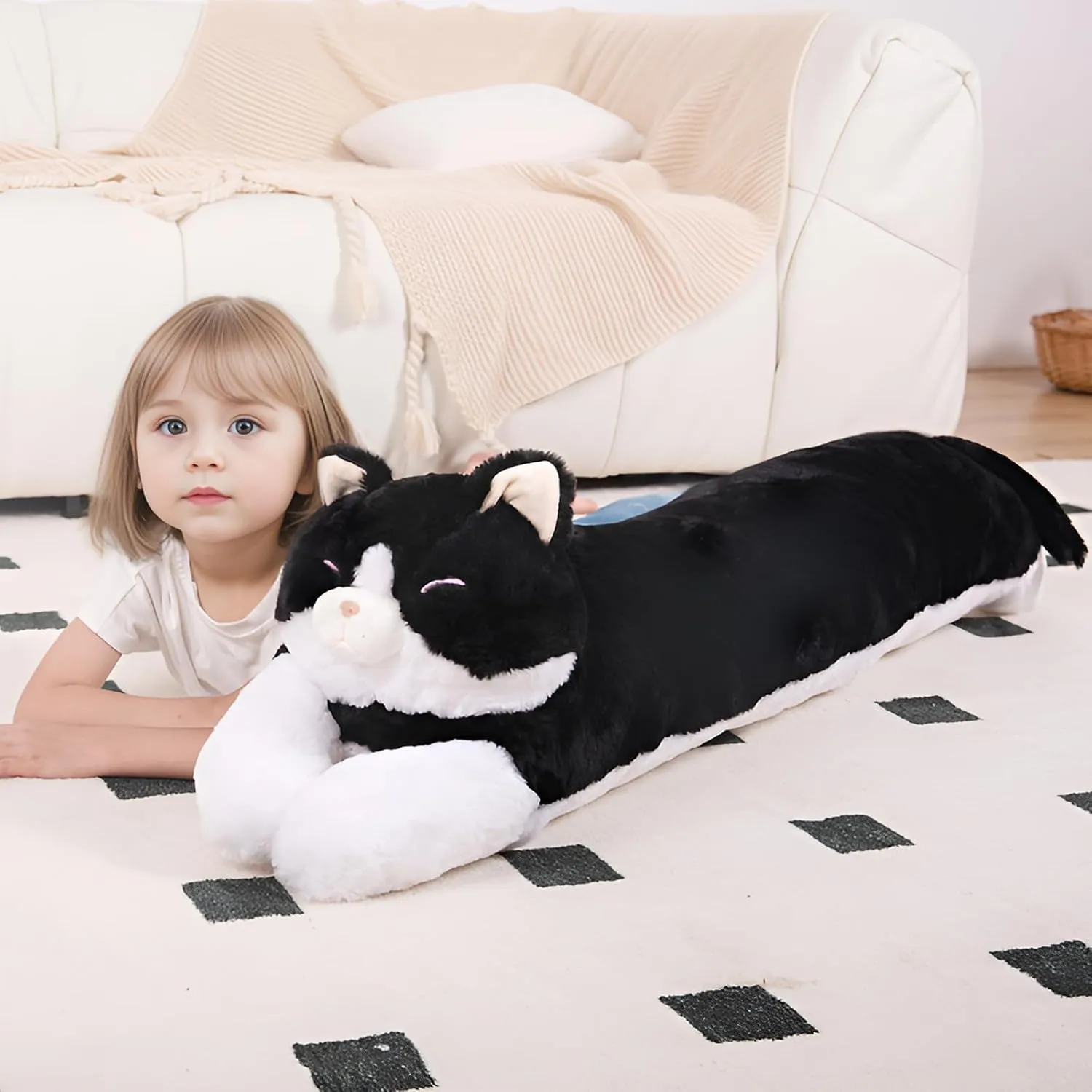 40'' Large Cat Sleeping Long Plush Pillow Toy, Milk Black White Kitty Soft Cat Stuffed Animals, Big Kitten Plushies Cute Doll Gift for Kids Girls Boys, Birthday