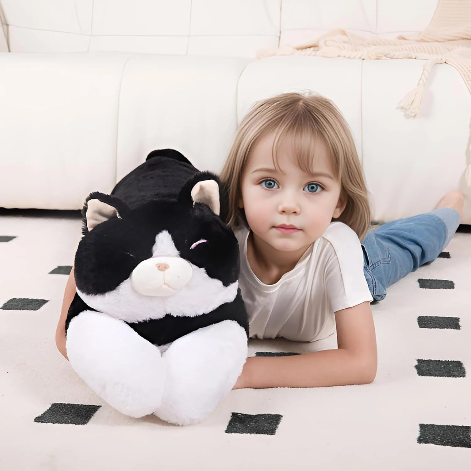 40'' Large Cat Sleeping Long Plush Pillow Toy, Milk Black White Kitty Soft Cat Stuffed Animals, Big Kitten Plushies Cute Doll Gift for Kids Girls Boys, Birthday
