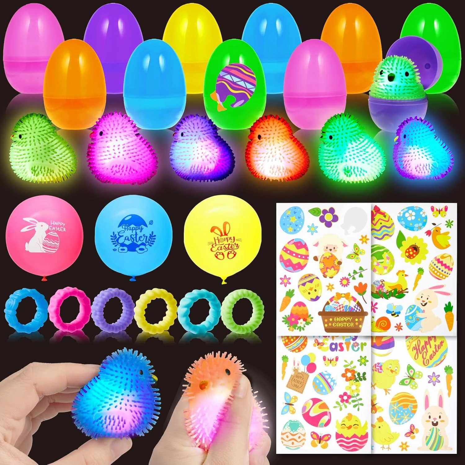 40PCS Easter Eggs Filled Chick LED Puffer Balls, with Glow in The Dark Squeeze Egg Toys, Sensory Rings, Stickers, Easter Balloons, for Kids Easter Egg Hunt Filling Treats Easter Party Favor