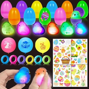 40PCS Easter Eggs Filled Chick LED Puffer Balls, with Glow in The Dark Squeeze Egg Toys, Sensory Rings, Stickers, Easter Balloons, for Kids Easter Egg Hunt Filling Treats Easter Party Favor