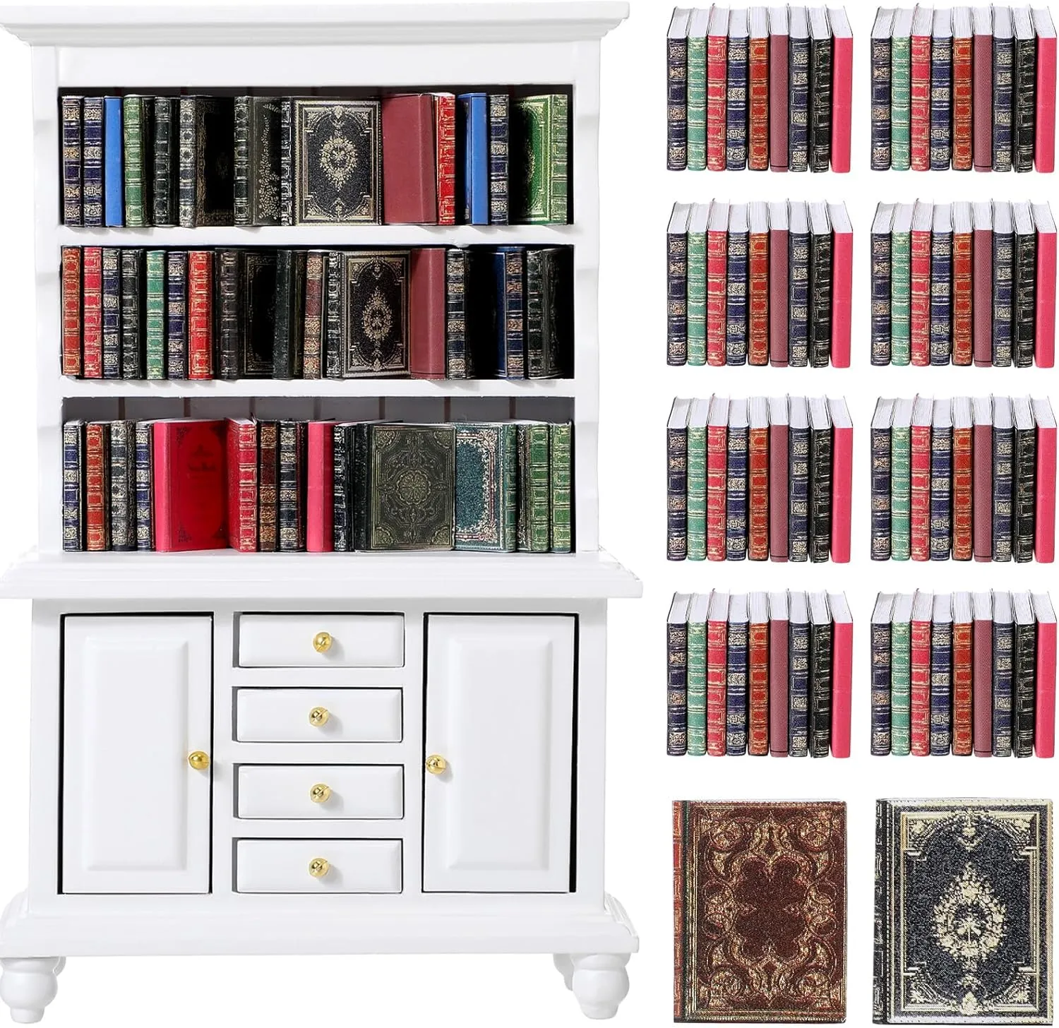 48 Pcs 1:12 Scale Dollhouse Miniatures Books with 1 Miniature Wooden Bookshelf Mini Bookcase Doll House Furniture Accessories for Mini Library Bedroom Decoration(White)